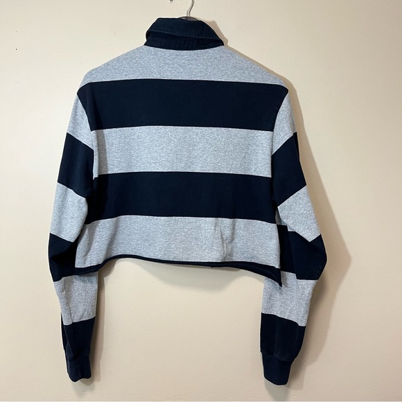 Brandy Melville Cropped Polo Rugby Shirt No Size Stripes Navy Blue Grey - Picture 5 of 8